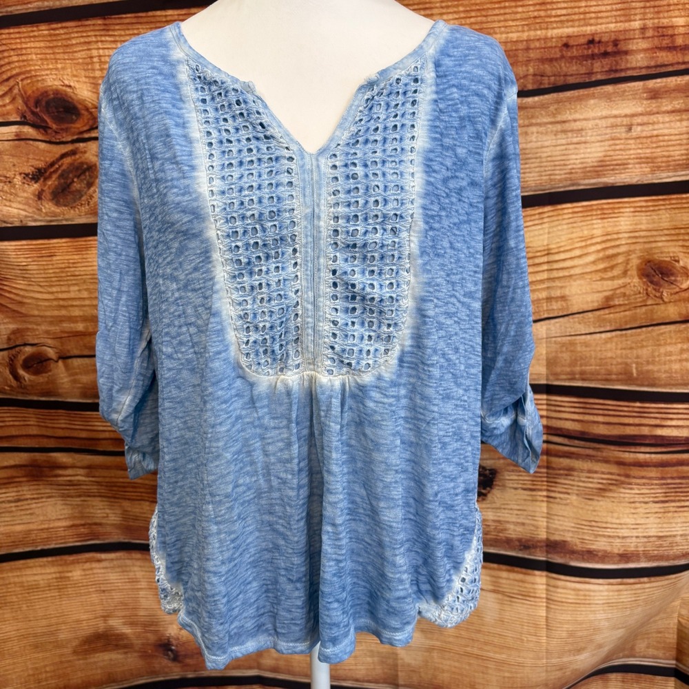 Blue White Womens Boho Peasant Eyelet Deco Top 3/4 Sleeve 100% Cotton Size L